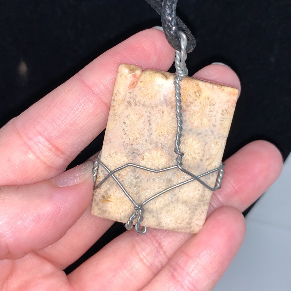 20" Braided Leather necklace with Wire wrapped Fossilized Coral Pendant - Picture 4 of 8